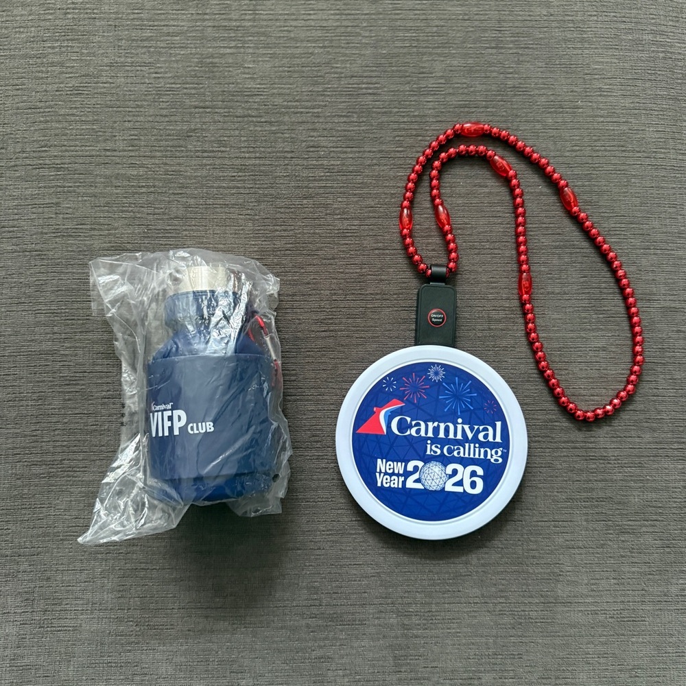2026 Carnival Cruise New Years Eve Light Up Necklace BallDrop, Water Bottle